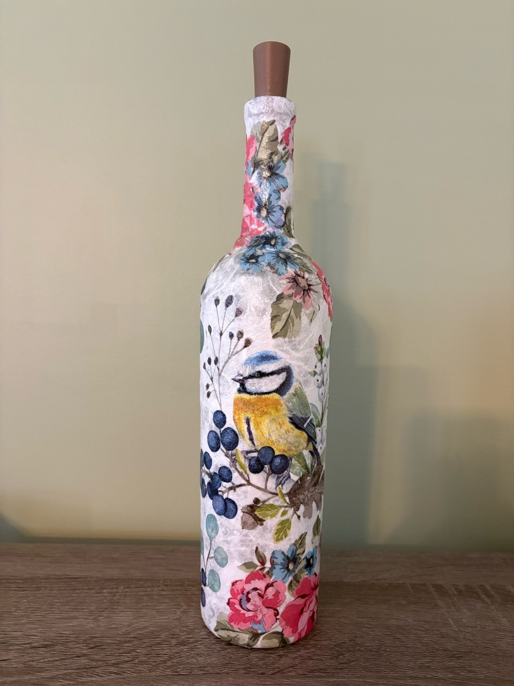 Decorated Bottles, Lighted Bottles, Decoupage, Home Decor, Birds and Flowers